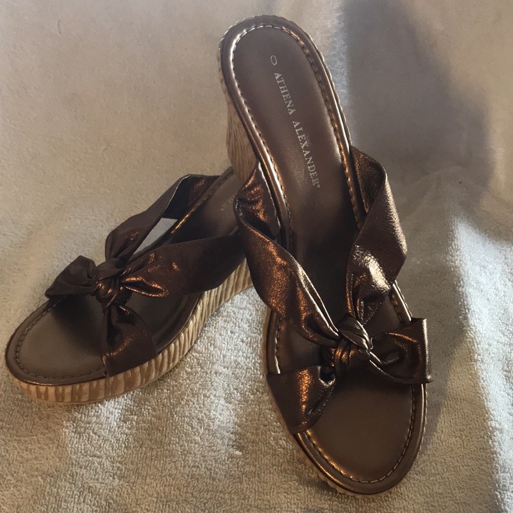 Athena Alexander Gigi Sandals Size 41 (Us10) Wedge Bronze Leather Upper W/ Knot